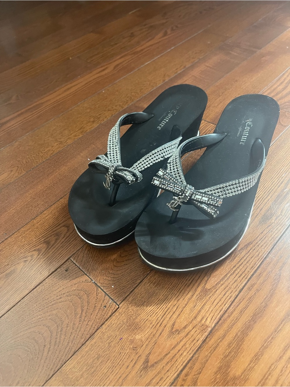 Juicy Couture Black Rhinestone Bow Wedge Sandals